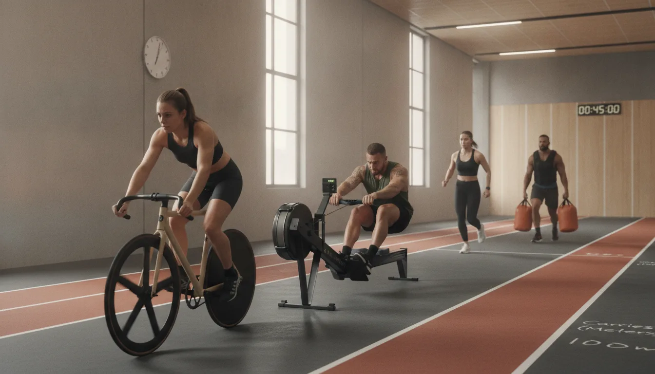 Track Bike, Rowing, Running, and Carries in Meters